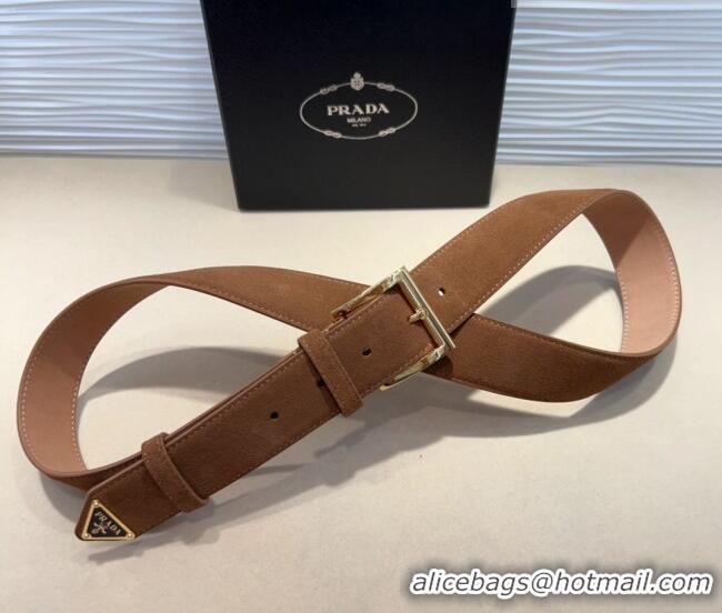 Super Quality Prada Suede Belt 3.5cm with Gold Pin Buckle 1127 Brown 2024