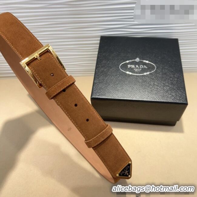 Super Quality Prada Suede Belt 3.5cm with Gold Pin Buckle 1127 Brown 2024