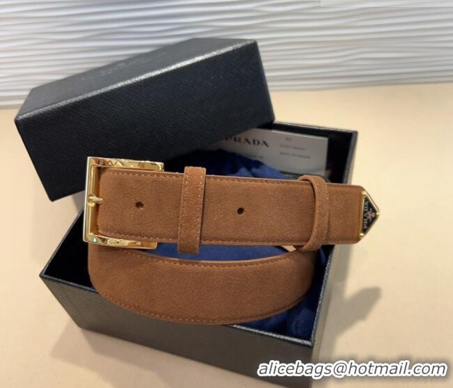 Super Quality Prada Suede Belt 3.5cm with Gold Pin Buckle 1127 Brown 2024