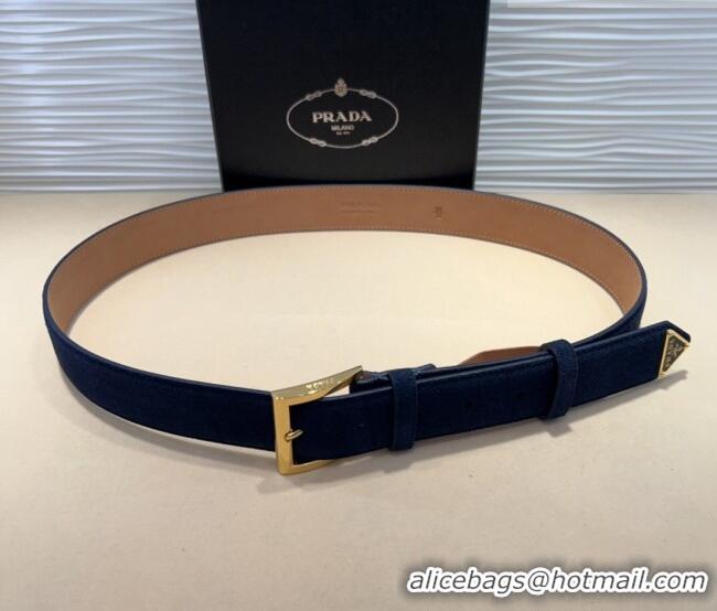 Shop Promotional Prada Suede Belt 3.5cm with Gold Pin Buckle 1127 Dark Blue 2024