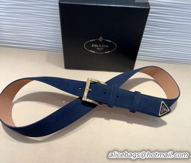Shop Promotional Prada Suede Belt 3.5cm with Gold Pin Buckle 1127 Dark Blue 2024