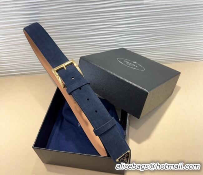 Shop Promotional Prada Suede Belt 3.5cm with Gold Pin Buckle 1127 Dark Blue 2024