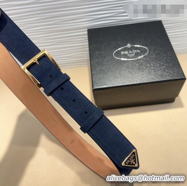 Shop Promotional Prada Suede Belt 3.5cm with Gold Pin Buckle 1127 Dark Blue 2024