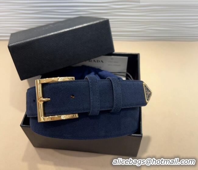 Shop Promotional Prada Suede Belt 3.5cm with Gold Pin Buckle 1127 Dark Blue 2024