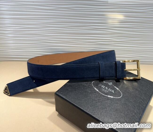 Shop Promotional Prada Suede Belt 3.5cm with Gold Pin Buckle 1127 Dark Blue 2024