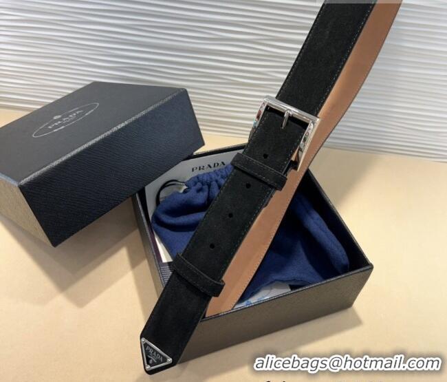 Buy Discount Prada Suede Belt 3.5cm with Silver Pin Buckle 1127 Black 2024