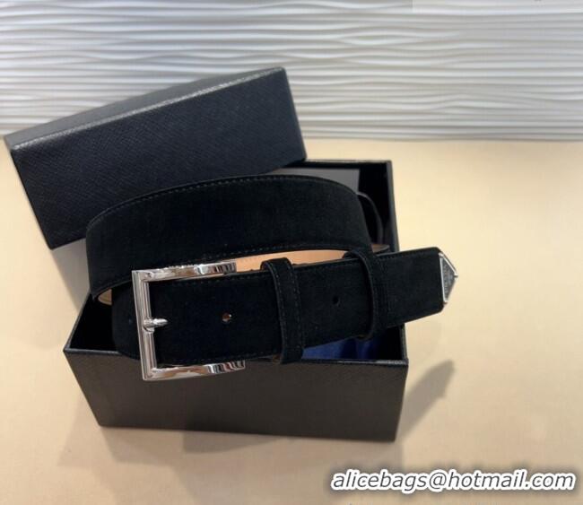 Buy Discount Prada Suede Belt 3.5cm with Silver Pin Buckle 1127 Black 2024