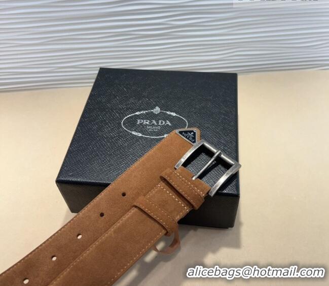 Market Sells Prada Suede Belt 3.5cm with Silver Pin Buckle 1127 Brown 2024