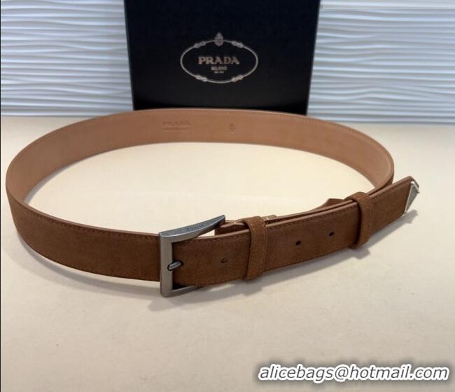 Market Sells Prada Suede Belt 3.5cm with Silver Pin Buckle 1127 Brown 2024