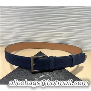 Top Design Prada Suede Belt 3.5cm with Silver Pin Buckle 1127 Dark Blue 2024