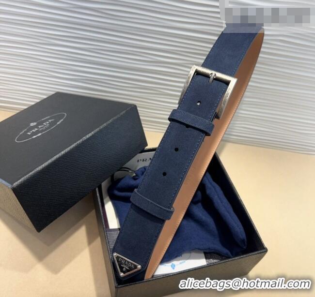 Top Design Prada Suede Belt 3.5cm with Silver Pin Buckle 1127 Dark Blue 2024