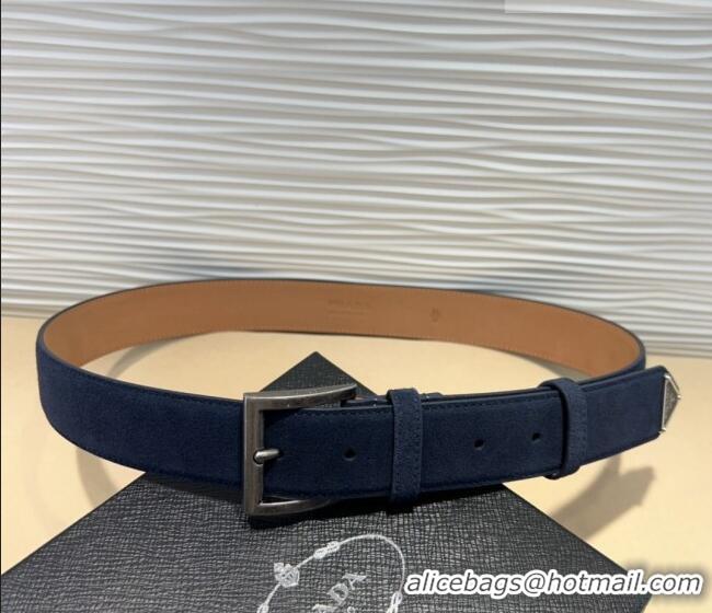 Top Design Prada Suede Belt 3.5cm with Silver Pin Buckle 1127 Dark Blue 2024
