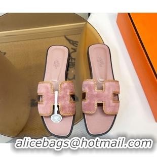 Good Product Hermes Oran Classic Flat Slides Sandal in Suede with Braided Trim Light Pink 0304086 2026