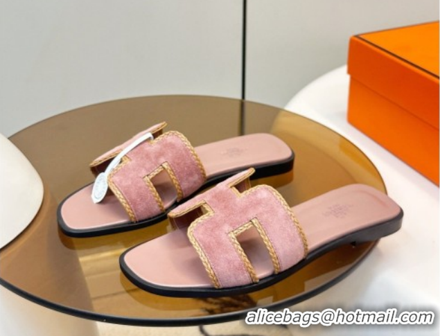 Good Product Hermes Oran Classic Flat Slides Sandal in Suede with Braided Trim Light Pink 0304086 2026