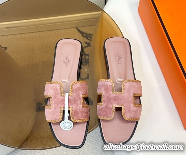 Good Product Hermes Oran Classic Flat Slides Sandal in Suede with Braided Trim Light Pink 0304086 2026