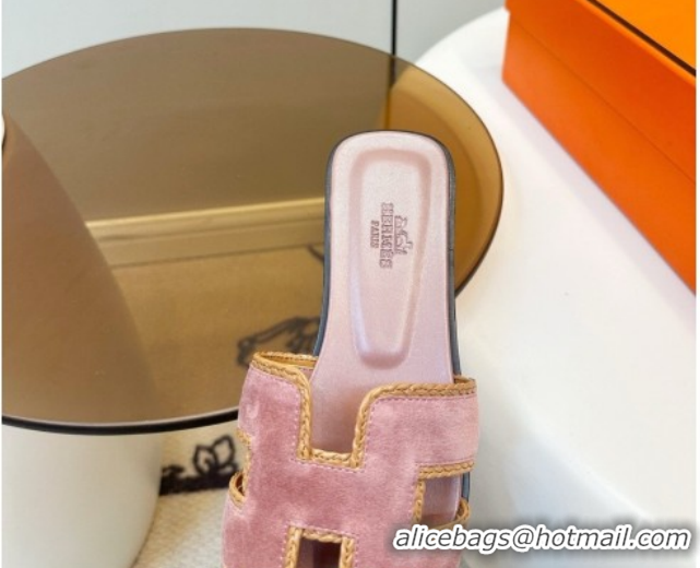 Good Product Hermes Oran Classic Flat Slides Sandal in Suede with Braided Trim Light Pink 0304086 2026