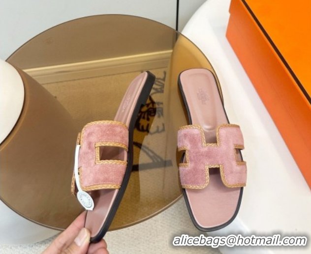 Good Product Hermes Oran Classic Flat Slides Sandal in Suede with Braided Trim Light Pink 0304086 2026