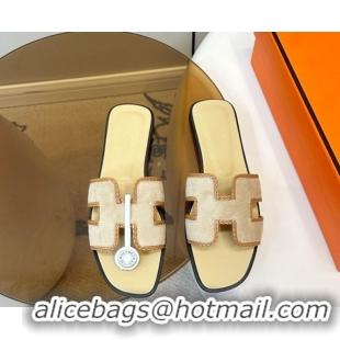 Best Product Hermes Oran Classic Flat Slides Sandal in Suede with Braided Trim Light Yellow 0304087 2026