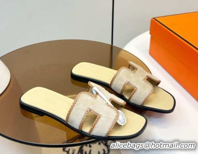 Best Product Hermes Oran Classic Flat Slides Sandal in Suede with Braided Trim Light Yellow 0304087 2026