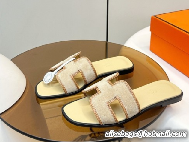Best Product Hermes Oran Classic Flat Slides Sandal in Suede with Braided Trim Light Yellow 0304087 2026