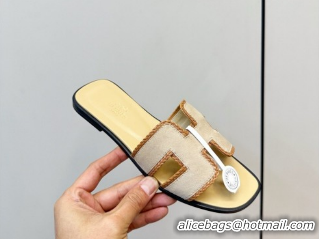 Best Product Hermes Oran Classic Flat Slides Sandal in Suede with Braided Trim Light Yellow 0304087 2026