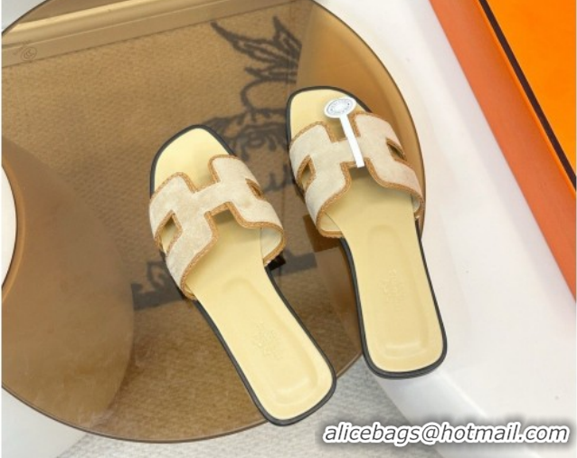 Best Product Hermes Oran Classic Flat Slides Sandal in Suede with Braided Trim Light Yellow 0304087 2026