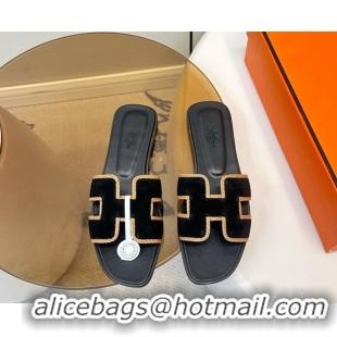 Good Looking Hermes Oran Classic Flat Slides Sandal in Suede with Braided Trim Black 0304089 2026