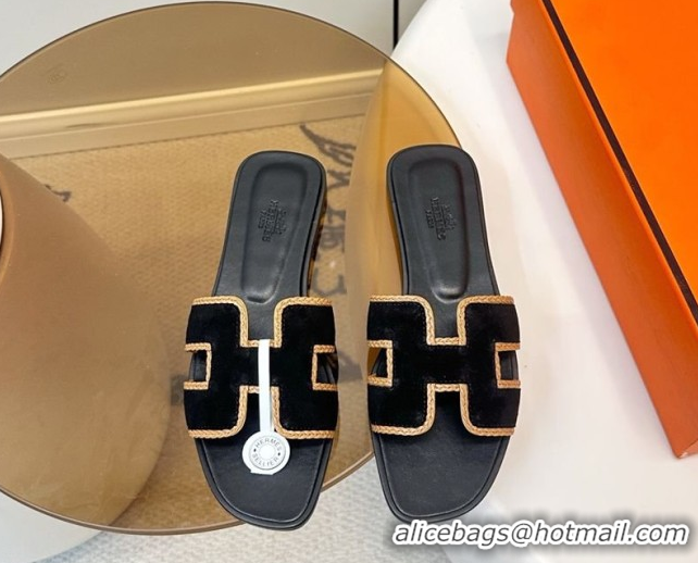 Good Looking Hermes Oran Classic Flat Slides Sandal in Suede with Braided Trim Black 0304089 2026