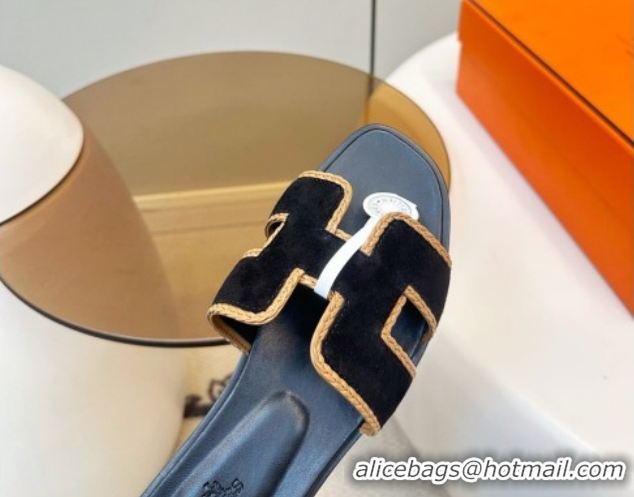 Good Looking Hermes Oran Classic Flat Slides Sandal in Suede with Braided Trim Black 0304089 2026