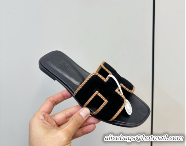 Good Looking Hermes Oran Classic Flat Slides Sandal in Suede with Braided Trim Black 0304089 2026