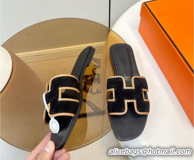 Good Looking Hermes Oran Classic Flat Slides Sandal in Suede with Braided Trim Black 0304089 2026