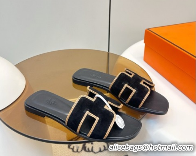 Good Looking Hermes Oran Classic Flat Slides Sandal in Suede with Braided Trim Black 0304089 2026
