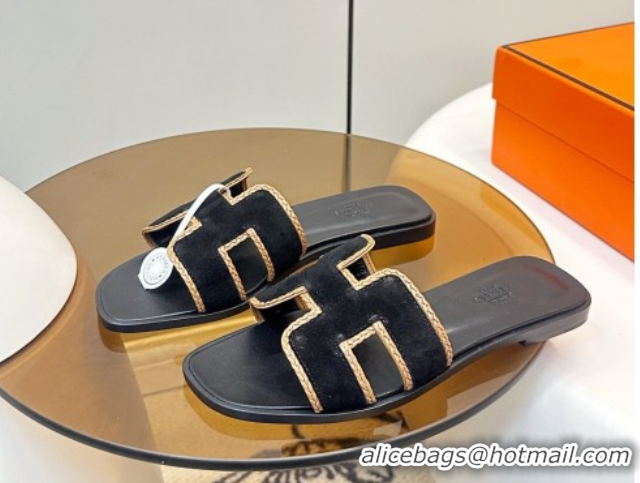 Good Looking Hermes Oran Classic Flat Slides Sandal in Suede with Braided Trim Black 0304089 2026