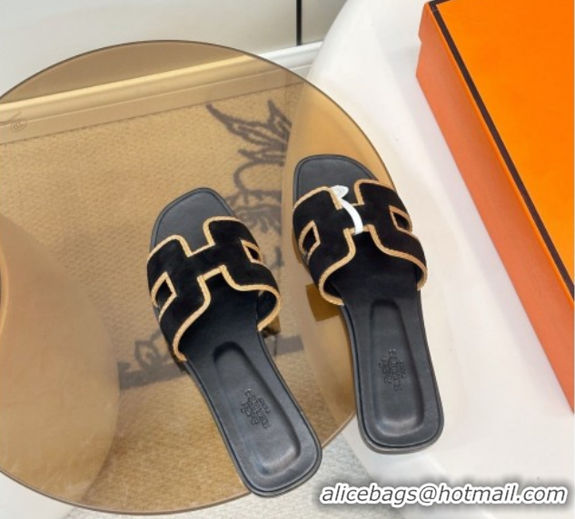 Good Looking Hermes Oran Classic Flat Slides Sandal in Suede with Braided Trim Black 0304089 2026