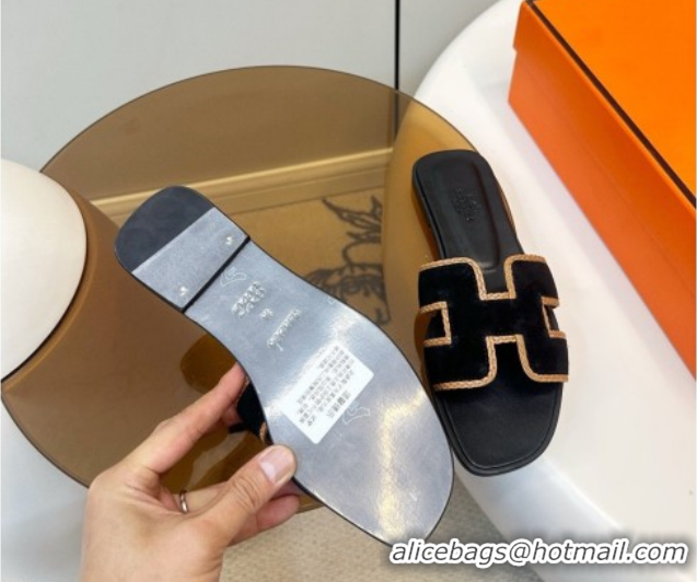 Good Looking Hermes Oran Classic Flat Slides Sandal in Suede with Braided Trim Black 0304089 2026