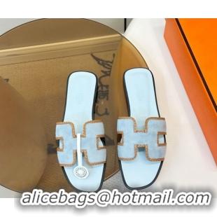 Shop Duplicate Hermes Oran Classic Flat Slides Sandal in Suede with Braided Trim 0304088 Light Blue 2026