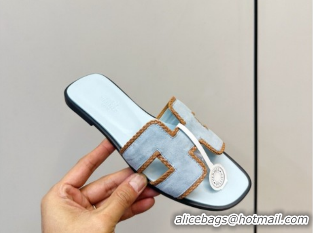 Shop Duplicate Hermes Oran Classic Flat Slides Sandal in Suede with Braided Trim 0304088 Light Blue 2026