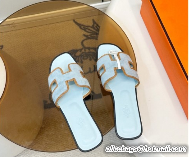 Shop Duplicate Hermes Oran Classic Flat Slides Sandal in Suede with Braided Trim 0304088 Light Blue 2026