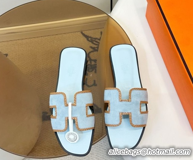 Shop Duplicate Hermes Oran Classic Flat Slides Sandal in Suede with Braided Trim 0304088 Light Blue 2026