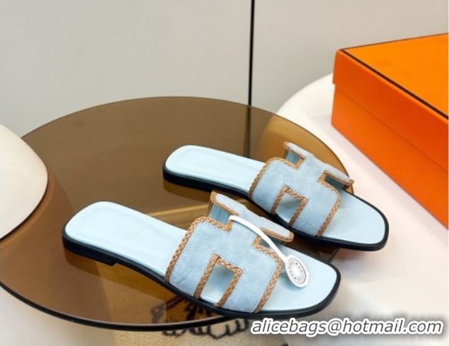 Shop Duplicate Hermes Oran Classic Flat Slides Sandal in Suede with Braided Trim 0304088 Light Blue 2026