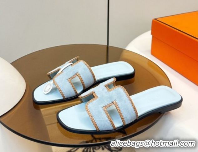 Shop Duplicate Hermes Oran Classic Flat Slides Sandal in Suede with Braided Trim 0304088 Light Blue 2026