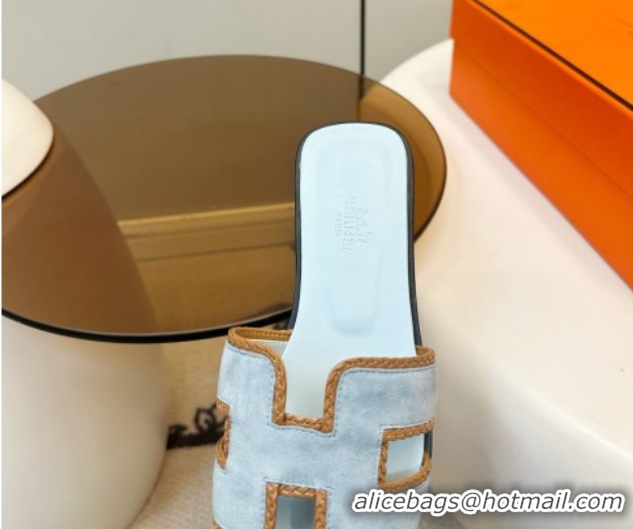 Shop Duplicate Hermes Oran Classic Flat Slides Sandal in Suede with Braided Trim 0304088 Light Blue 2026