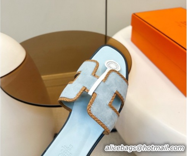 Shop Duplicate Hermes Oran Classic Flat Slides Sandal in Suede with Braided Trim 0304088 Light Blue 2026