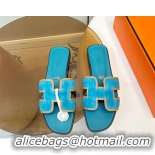 Top Design Hermes Oran Classic Flat Slides Sandal in Suede with Braided Trim Turq Blue 0304090 2026