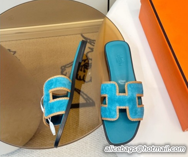 Top Design Hermes Oran Classic Flat Slides Sandal in Suede with Braided Trim Turq Blue 0304090 2026