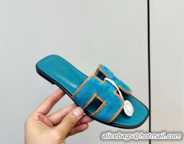 Top Design Hermes Oran Classic Flat Slides Sandal in Suede with Braided Trim Turq Blue 0304090 2026