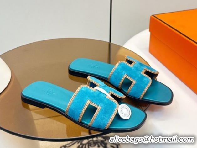 Top Design Hermes Oran Classic Flat Slides Sandal in Suede with Braided Trim Turq Blue 0304090 2026