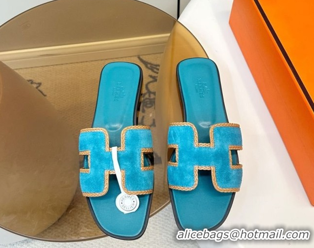 Top Design Hermes Oran Classic Flat Slides Sandal in Suede with Braided Trim Turq Blue 0304090 2026