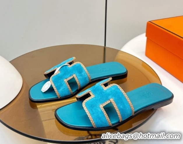 Top Design Hermes Oran Classic Flat Slides Sandal in Suede with Braided Trim Turq Blue 0304090 2026