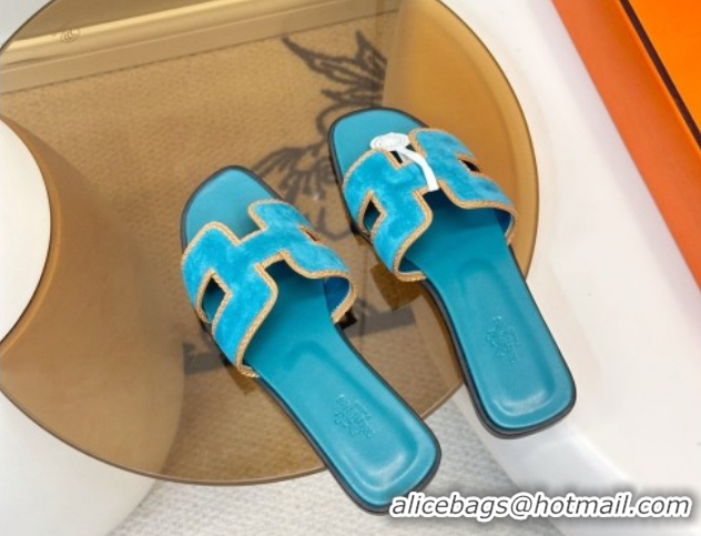 Top Design Hermes Oran Classic Flat Slides Sandal in Suede with Braided Trim Turq Blue 0304090 2026